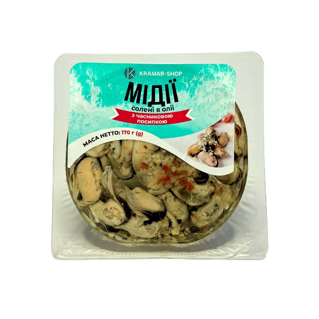Мідії солені в олії з часниковою посипкою 170г_1